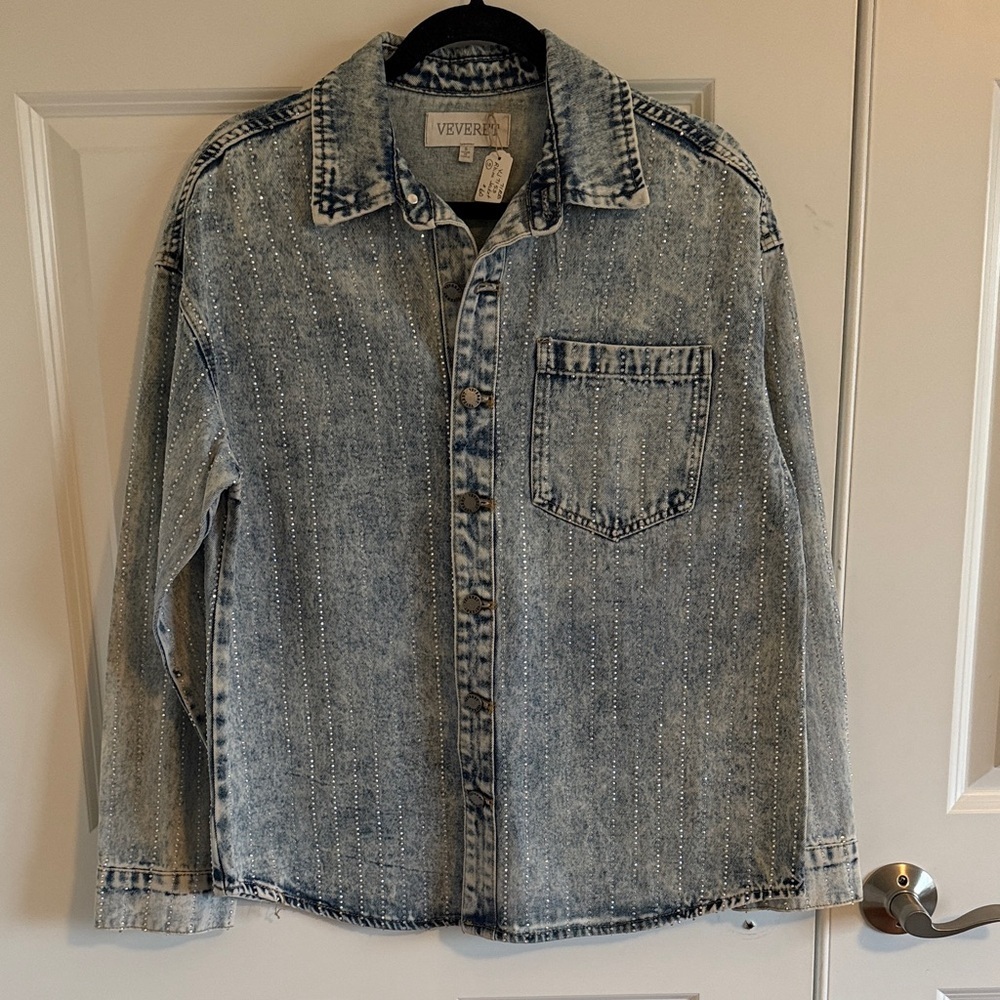 NWOT Vervet Striped Rhinestone Denim Jacket/Shacket Size Small - Picture 2 of 9